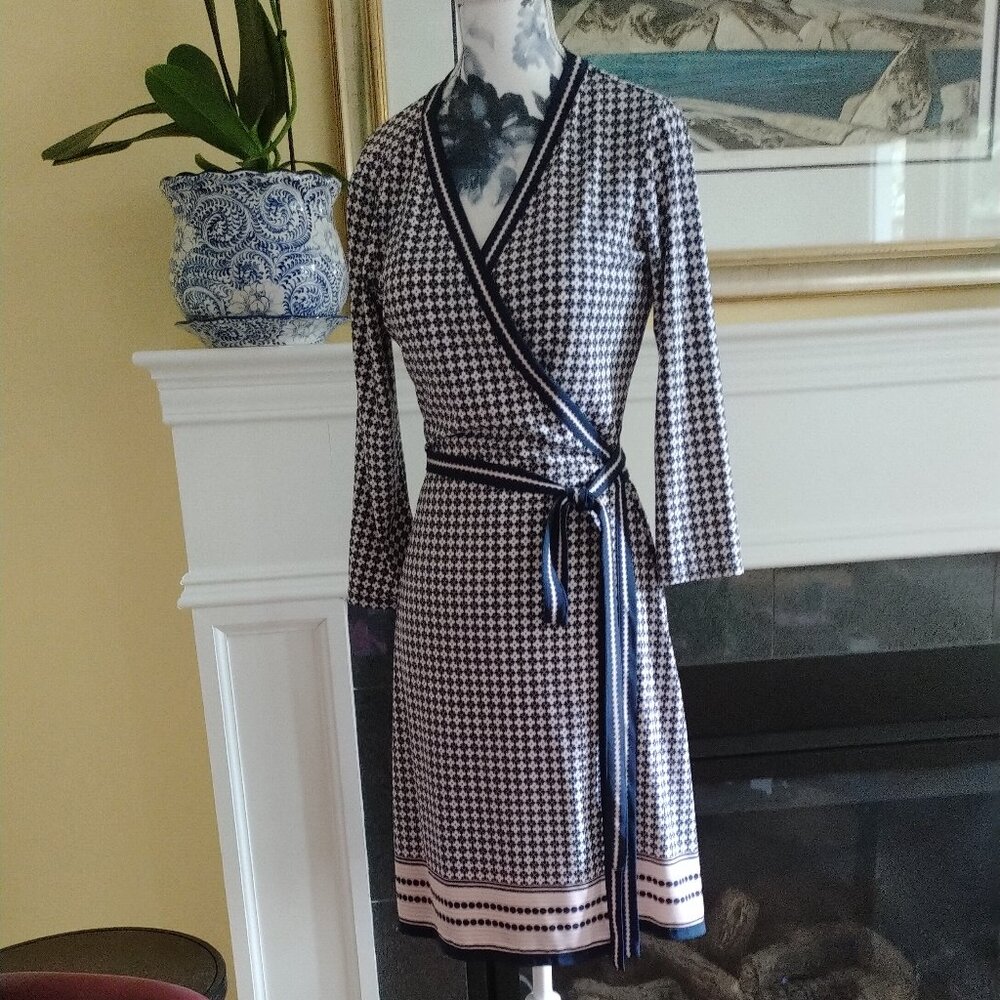 Max Studio Navy, White & Pink Print Wrap Dress with Border Design, S